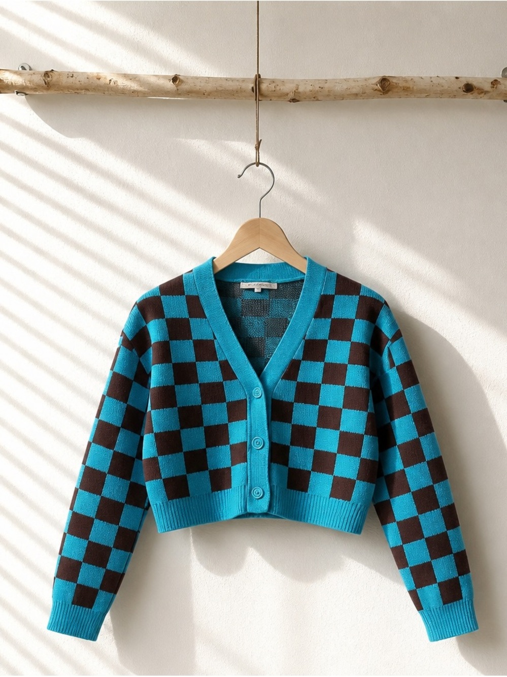 English Factory Turquoise and Brown Cropped Checkerboard Cardigan